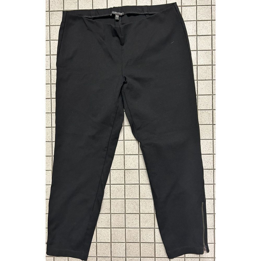 EILEEN FISHER Sz M Black Ponte Knit Leggings Slim Skinny Side Ankle Zip Pants